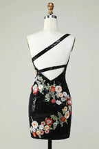 Bodycon One Shoulder Black Sequin Beading Homecoming Dress with 3d Flowers by WEDTREND