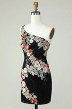 Bodycon One Shoulder Black Sequin Beading Homecoming Dress with 3d Flowers by WEDTREND