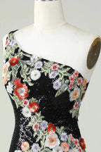 Bodycon One Shoulder Black Sequin Beading Homecoming Dress with 3d Flowers by WEDTREND