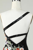 Vestido Bodycon Preto de Uma Alça com Lantejoulas e Aplicações de Missangas para Baile de Finalistas com Flores 3D