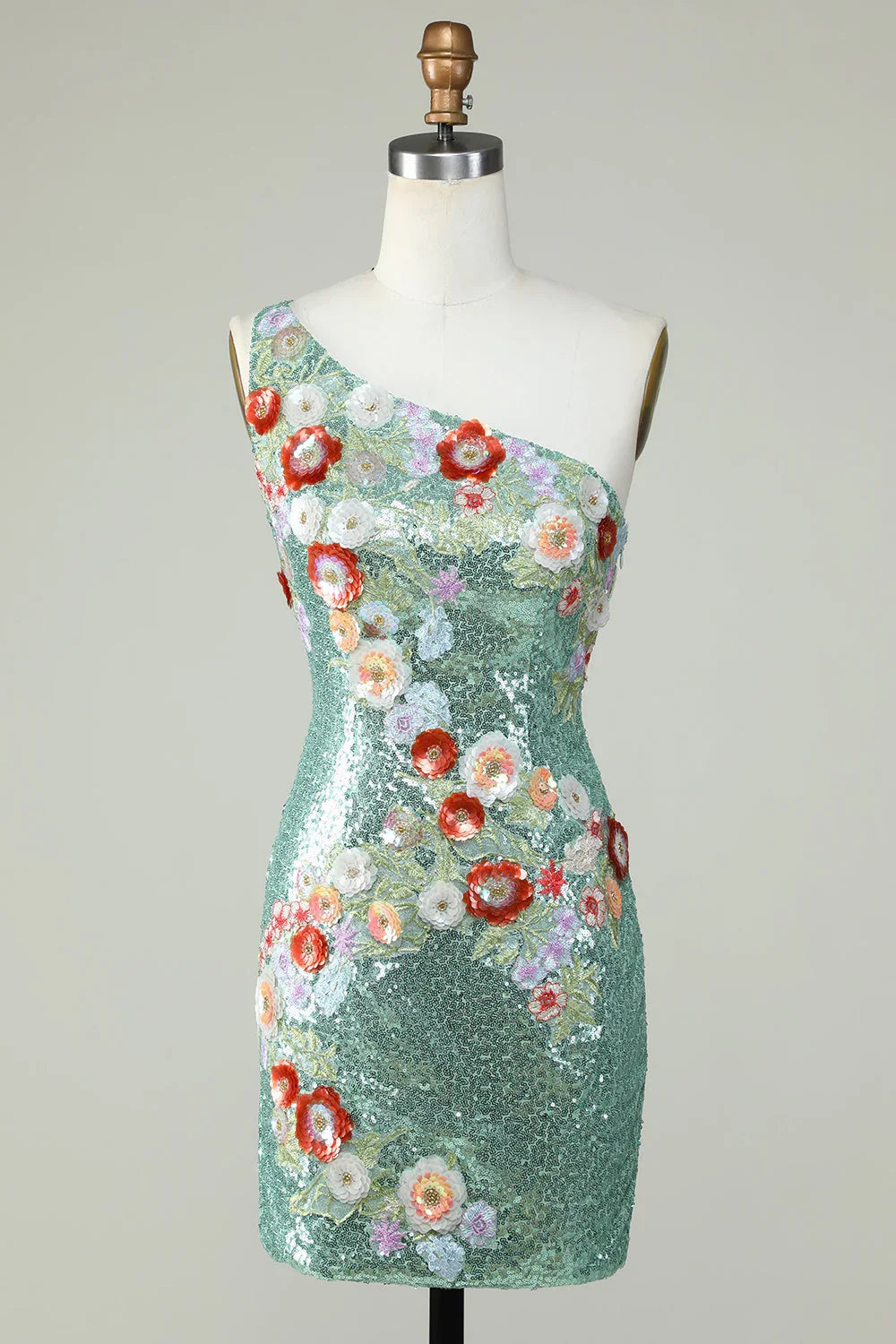 Vestido Bodycon Preto de Uma Alça com Lantejoulas e Aplicações de Missangas para Baile de Finalistas com Flores 3D