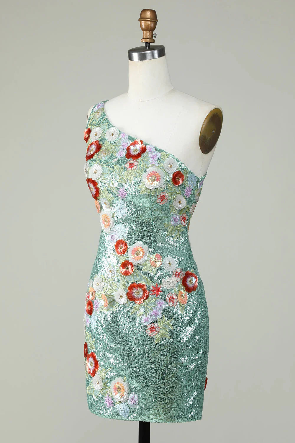 Vestido Bodycon Preto de Uma Alça com Lantejoulas e Aplicações de Missangas para Baile de Finalistas com Flores 3D