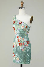 Vestido Bodycon Preto de Uma Alça com Lantejoulas e Aplicações de Missangas para Baile de Finalistas com Flores 3D