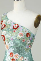 Vestido Bodycon Preto de Uma Alça com Lantejoulas e Aplicações de Missangas para Baile de Finalistas com Flores 3D