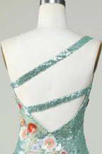 Vestido Bodycon Preto de Uma Alça com Lantejoulas e Aplicações de Missangas para Baile de Finalistas com Flores 3D