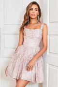Vestido de Baile Lindo y Sonrosado en Línea A, Sin Mangas, Con Corsé, Plisado, Estampado Único y Volantes