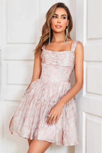 Vestido de Baile Lindo y Sonrosado en Línea A, Sin Mangas, Con Corsé, Plisado, Estampado Único y Volantes