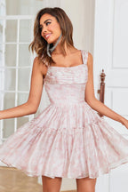Vestido de Baile Lindo y Sonrosado en Línea A, Sin Mangas, Con Corsé, Plisado, Estampado Único y Volantes