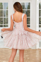Vestido de Baile Lindo y Sonrosado en Línea A, Sin Mangas, Con Corsé, Plisado, Estampado Único y Volantes
