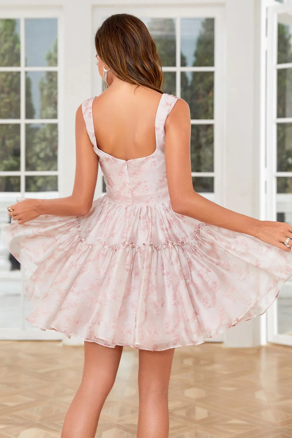 Niedliches Blush A-Linien Off The Shoulder Korsett Rüschen Einzigartiger Print Homecoming Kleid mit Rüschen