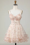 Champagne A-Line Corset Floral Short Homecoming Dress with Lace Up Back