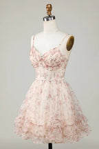 Champagne A-Line Corset Floral Short Homecoming Dress with Lace Up Back