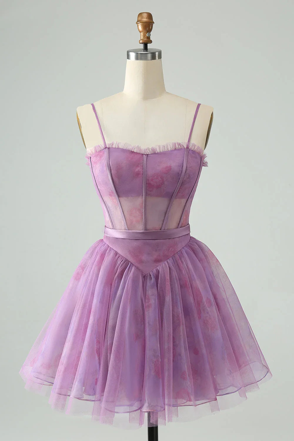 Niedliches lila A-Linien-Korsettkleid mit Trägern und Druck für den Homecoming