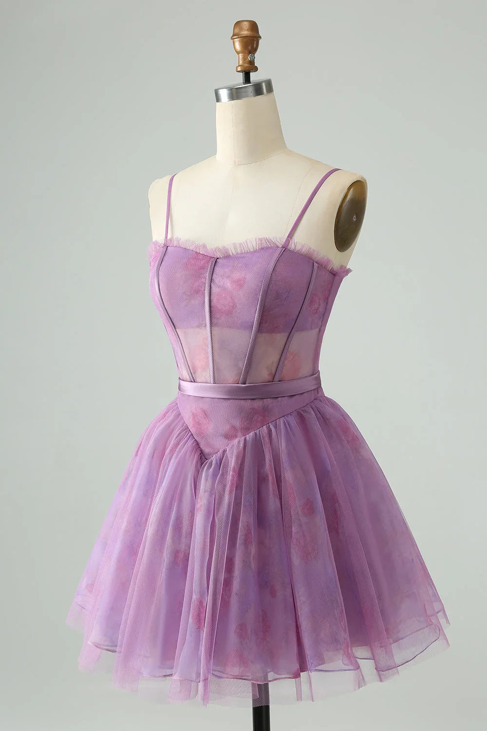 Niedliches lila A-Linien-Korsettkleid mit Trägern und Druck für den Homecoming