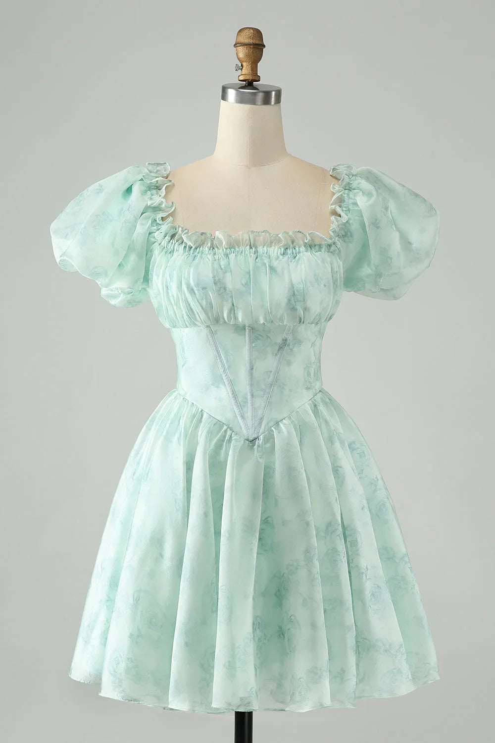 Niedliches hellgrünes A-Linien-Quadratausschnitt-Blumenkleid mit Rüschen für den Homecoming