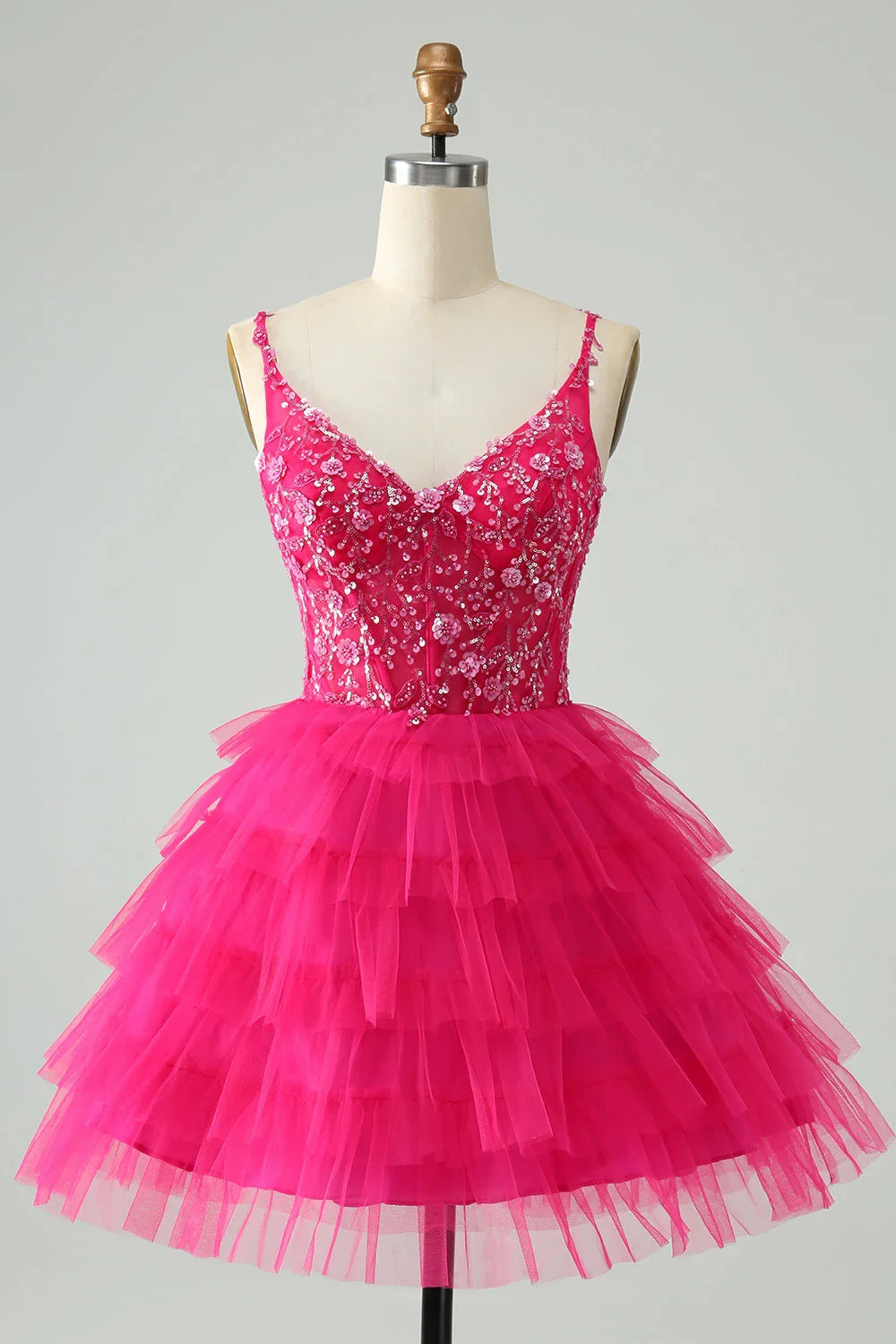 Niedliches Fuchsia A-Linien Träger Etagen Kurzes Homecoming Kleid mit Pailletten