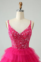 Niedliches Fuchsia A-Linien Träger Etagen Kurzes Homecoming Kleid mit Pailletten