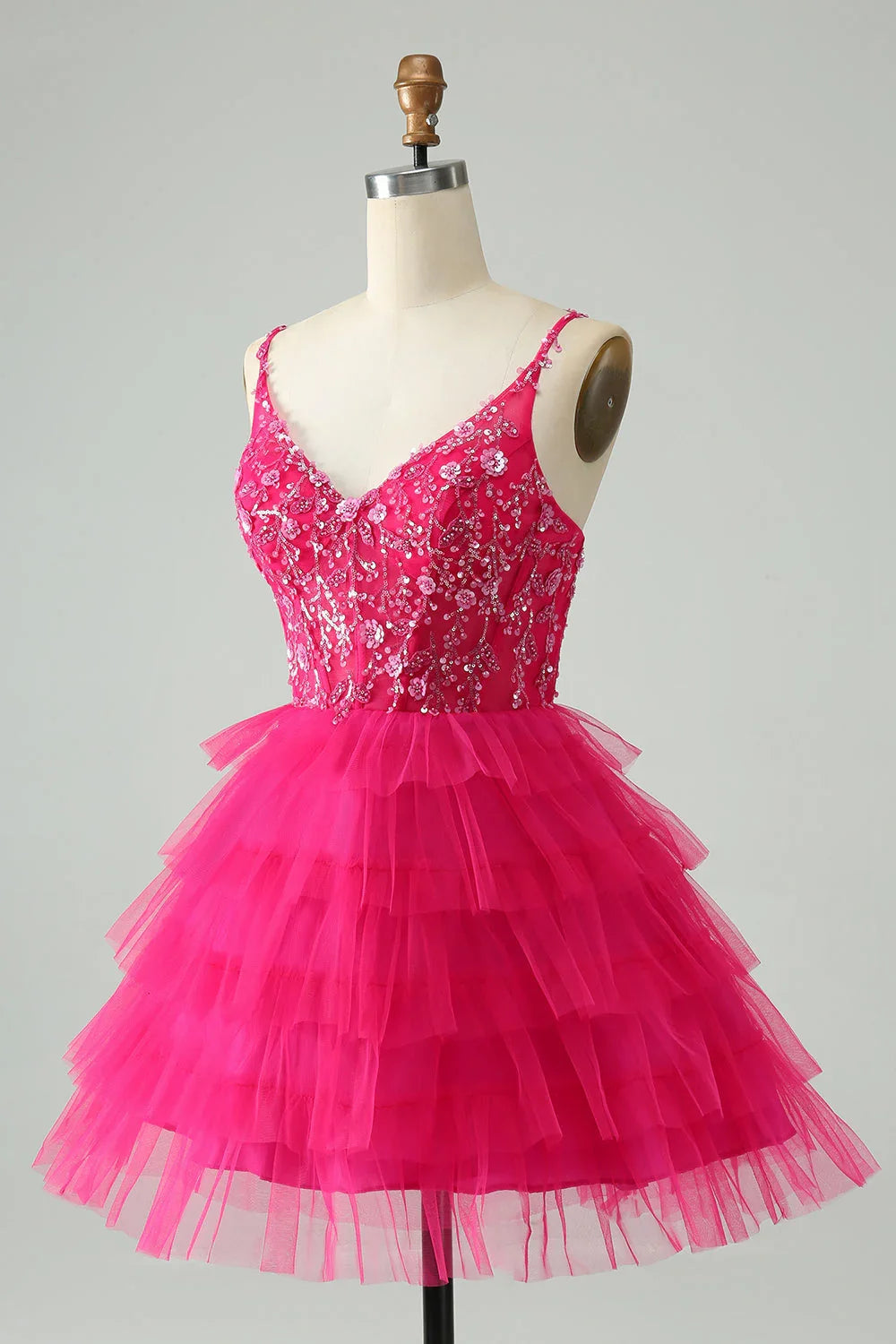 Niedliches Fuchsia A-Linien Träger Etagen Kurzes Homecoming Kleid mit Pailletten