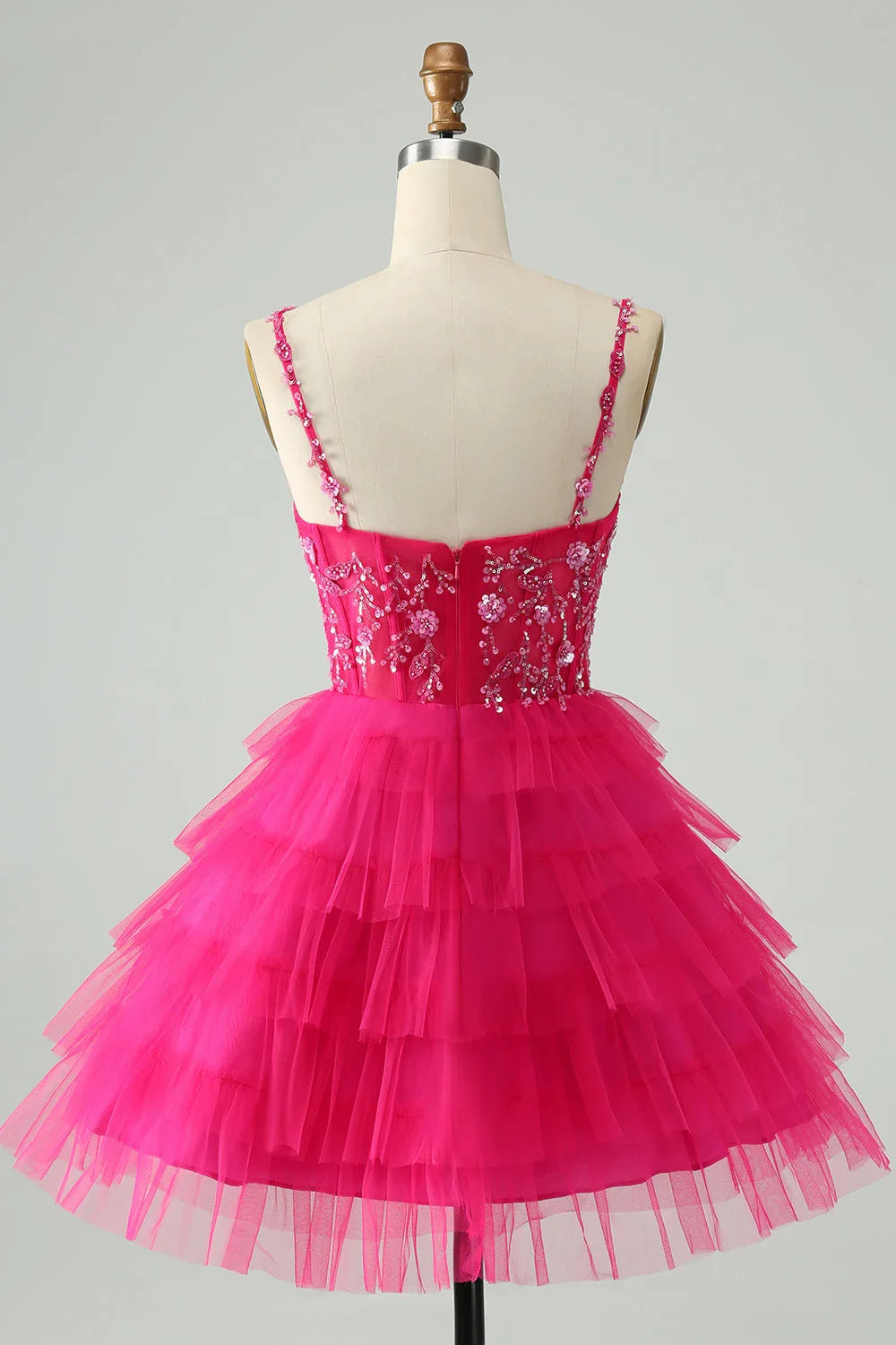 Niedliches Fuchsia A-Linien Träger Etagen Kurzes Homecoming Kleid mit Pailletten
