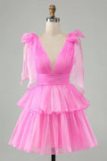Vestido Corto de Fiesta para el Baile de Regreso a Casa, en Forma de A, Sin Espalda, Con Pliegues y Niveles, en un Lindo Rosa Fuerte