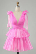 Vestido Corto de Fiesta para el Baile de Regreso a Casa, en Forma de A, Sin Espalda, Con Pliegues y Niveles, en un Lindo Rosa Fuerte
