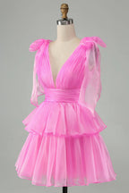 Vestido Corto de Fiesta para el Baile de Regreso a Casa, en Forma de A, Sin Espalda, Con Pliegues y Niveles, en un Lindo Rosa Fuerte