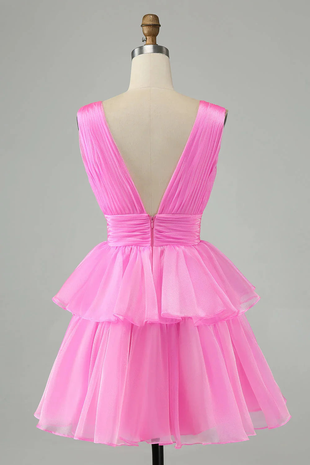 Vestido Corto de Fiesta para el Baile de Regreso a Casa, en Forma de A, Sin Espalda, Con Pliegues y Niveles, en un Lindo Rosa Fuerte