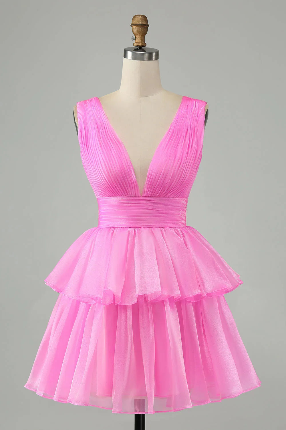 Vestido Corto de Fiesta para el Baile de Regreso a Casa, en Forma de A, Sin Espalda, Con Pliegues y Niveles, en un Lindo Rosa Fuerte