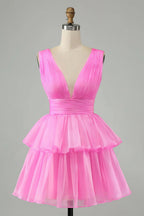 Vestido Corto de Fiesta para el Baile de Regreso a Casa, en Forma de A, Sin Espalda, Con Pliegues y Niveles, en un Lindo Rosa Fuerte