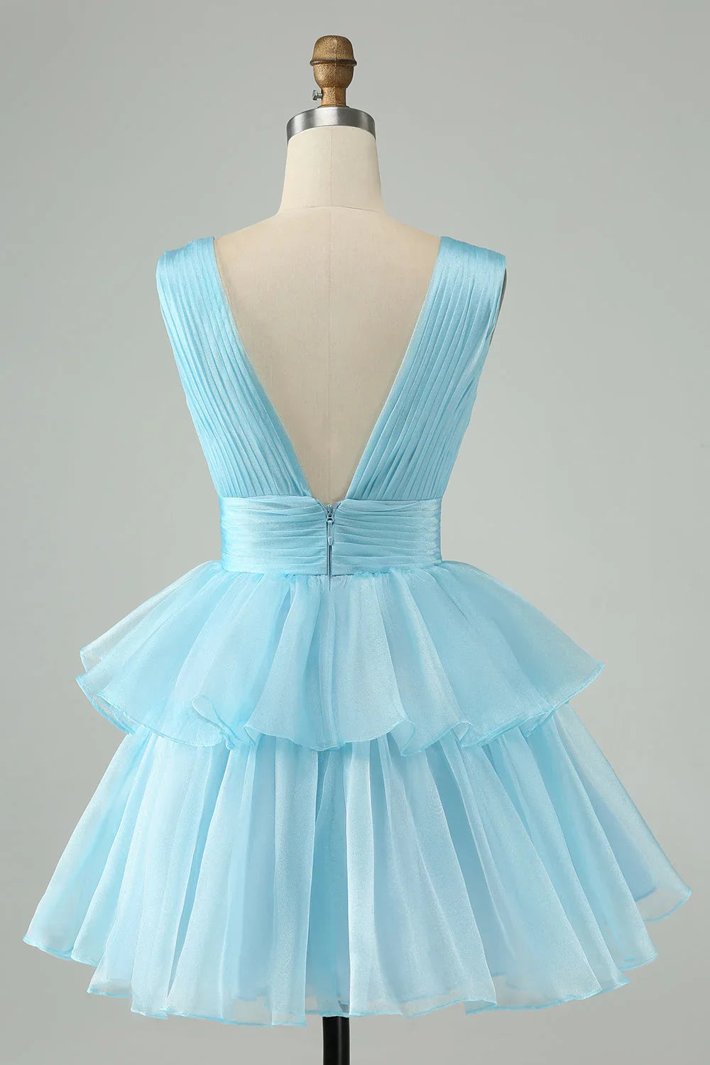 Vestido Corto de Fiesta para el Baile de Regreso a Casa, en Forma de A, Sin Espalda, Con Pliegues y Niveles, en un Lindo Rosa Fuerte