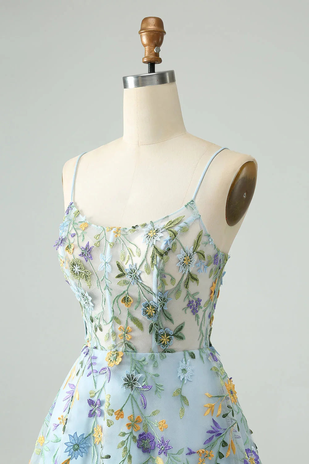 Vestido de Baile A-Line de Alças Fino Espaguete com Corpete Bordado e Flores Azuis
