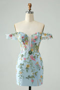 Blue Flower Mermaid Off The Shoulder Corset Short Homecoming Dress with Embroidery