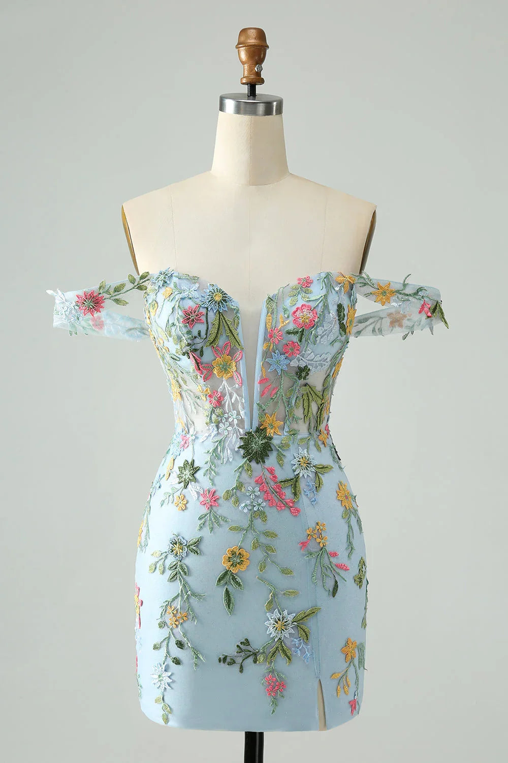 Vestido de Baile de Ombro a Descaír, Tipo Sereia, Com Decote e Bordados, Cor Azul Flor