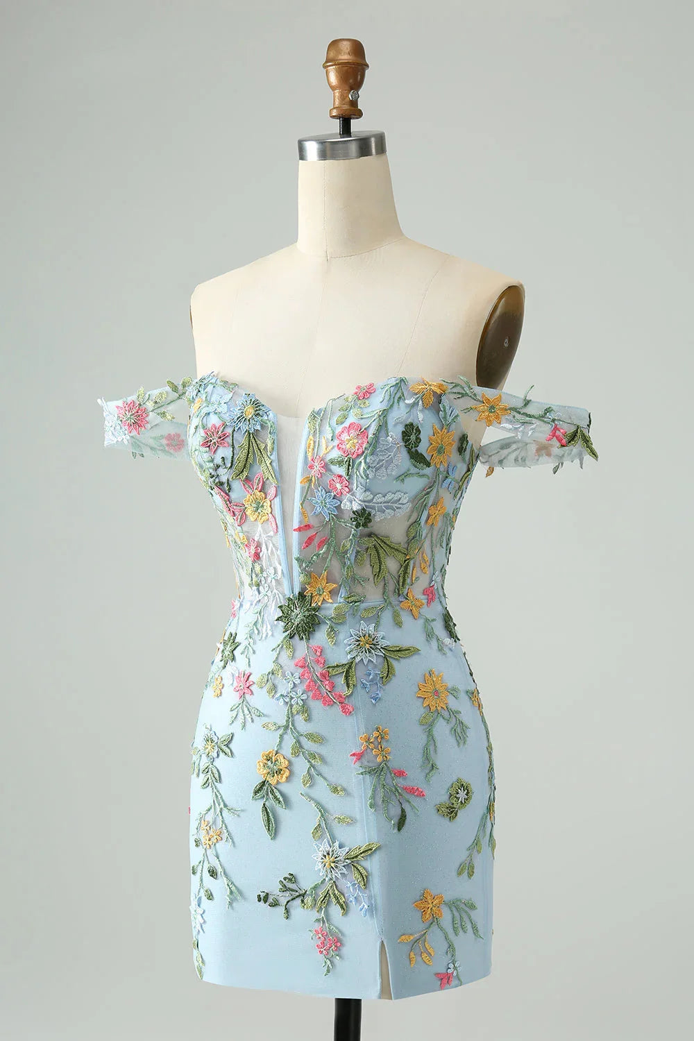 Vestido de Baile de Ombro a Descaír, Tipo Sereia, Com Decote e Bordados, Cor Azul Flor