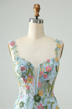 Blue Flower Mermaid Off The Shoulder Corset Short Homecoming Dress with Embroidery