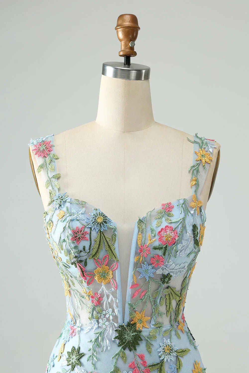 Vestido de Baile de Ombro a Descaír, Tipo Sereia, Com Decote e Bordados, Cor Azul Flor