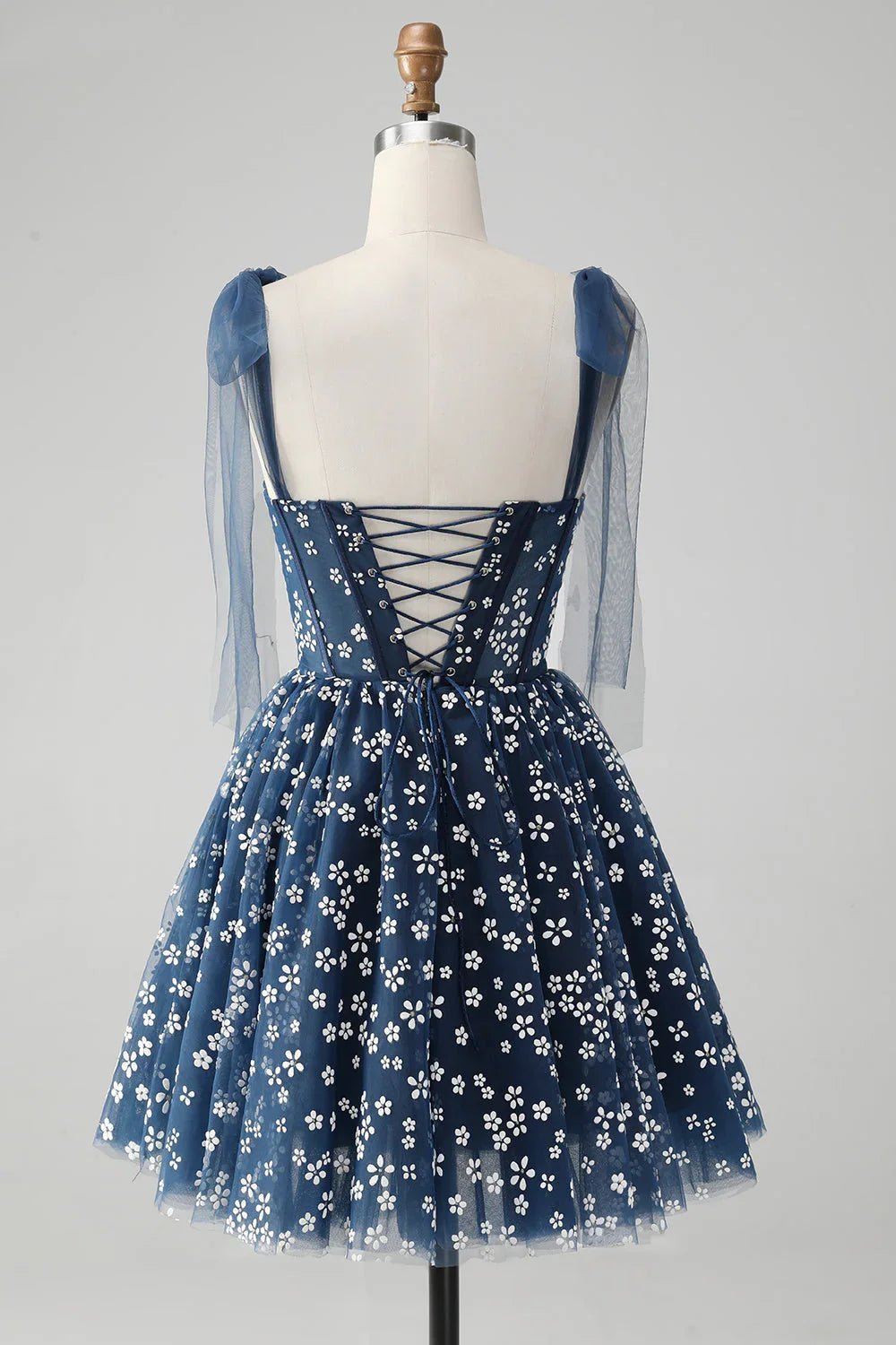 Vestido corto de fiesta en casa con corsé de tirantes spaghetti y estampado, en línea A y color azul marino, adorable