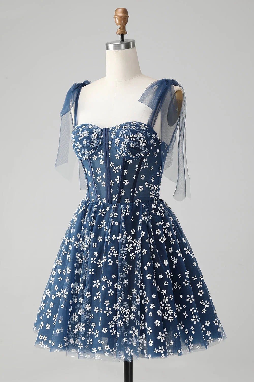 Niedliches A-Linien-Trägerkleid mit Druck und Korsett in Marineblau, kurzes Abschlussballkleid