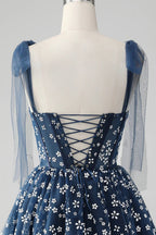Vestido corto de fiesta en casa con corsé de tirantes spaghetti y estampado, en línea A y color azul marino, adorable