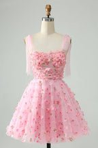 Vestido de Baile de Finalistas A-Line Cor-de-Rosa Curto com Corpete, Pérolas e Aplicações Florais