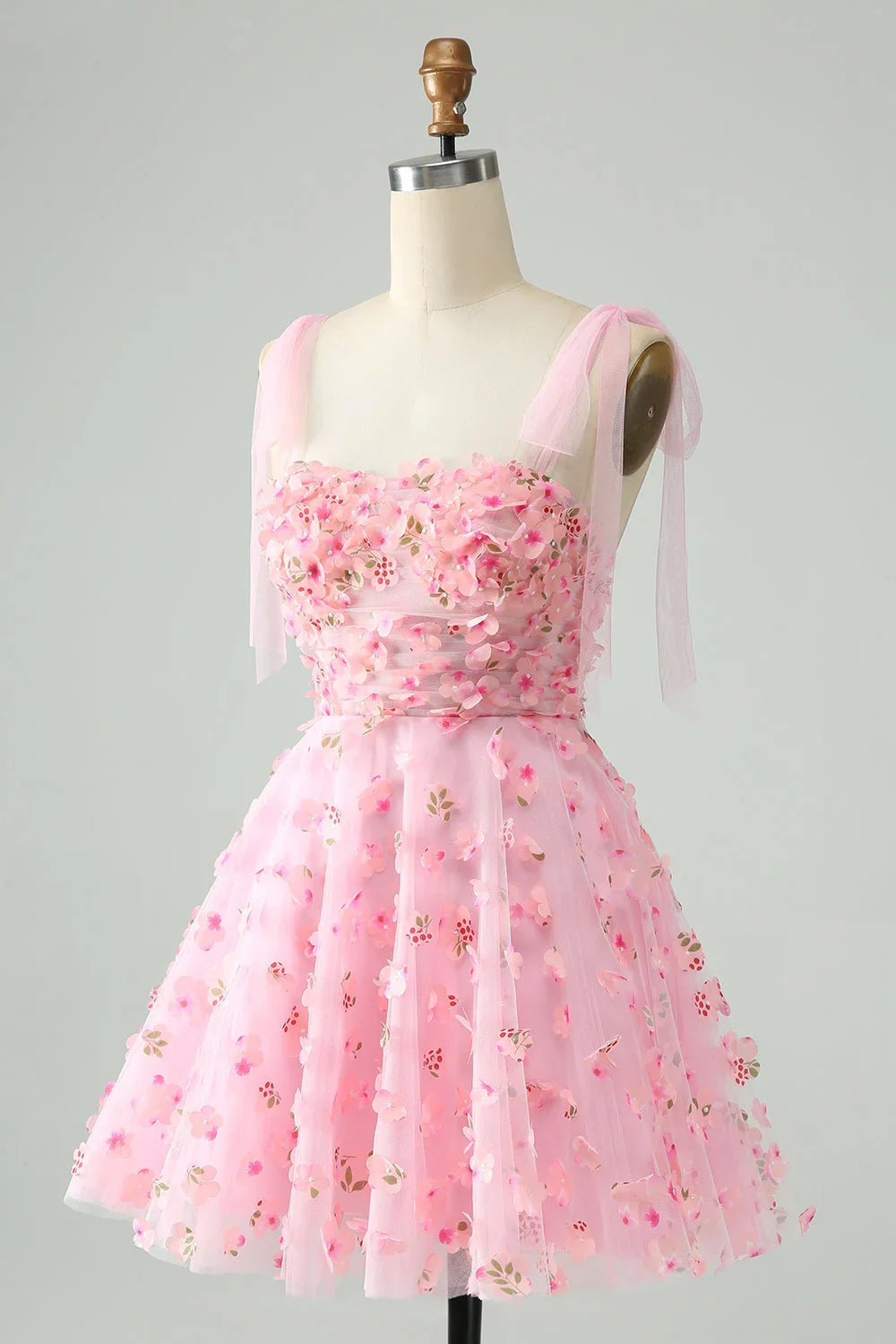 Vestido de Baile de Finalistas A-Line Cor-de-Rosa Curto com Corpete, Pérolas e Aplicações Florais