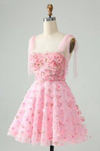 Vestido de Baile de Finalistas A-Line Cor-de-Rosa Curto com Corpete, Pérolas e Aplicações Florais