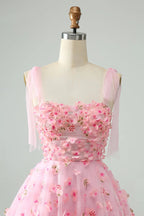 Vestido de Baile de Finalistas A-Line Cor-de-Rosa Curto com Corpete, Pérolas e Aplicações Florais