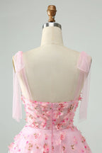 Vestido de Baile de Finalistas A-Line Cor-de-Rosa Curto com Corpete, Pérolas e Aplicações Florais