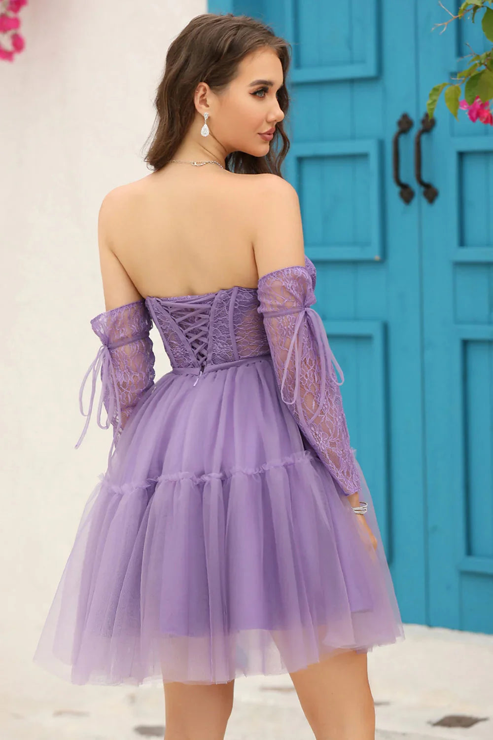 Black A-Line Corset Detachable Long Sleeves Homecoming Dress