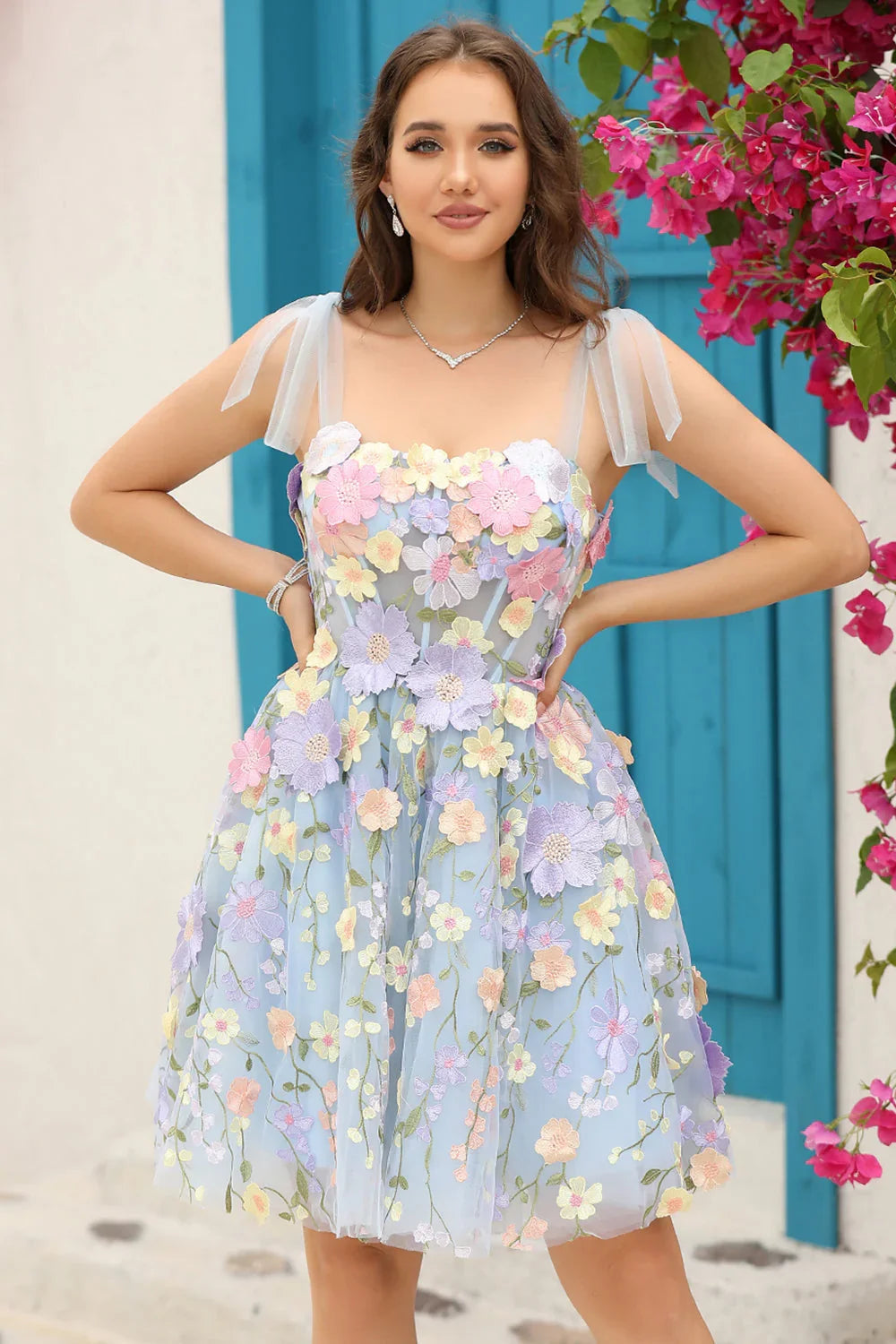 Blue A Line Spaghetti Straps Corset Homecoming Dress with 3D Flowers
