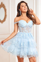 Vestido de Fiesta Corto Azul Oscuro con Corsé en Línea A y Niveles de Encaje Adorable