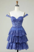 Vestido de Fiesta Corto Azul Oscuro con Corsé en Línea A y Niveles de Encaje Adorable