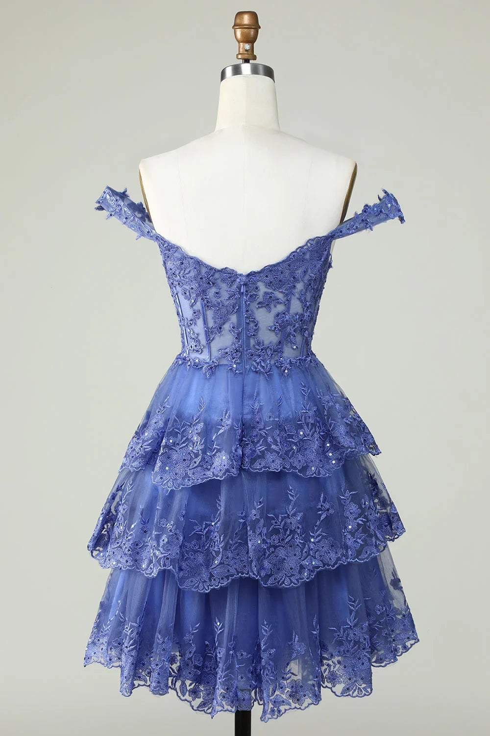 Vestido de Fiesta Corto Azul Oscuro con Corsé en Línea A y Niveles de Encaje Adorable