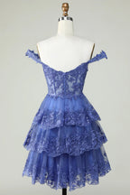 Vestido de Fiesta Corto Azul Oscuro con Corsé en Línea A y Niveles de Encaje Adorable